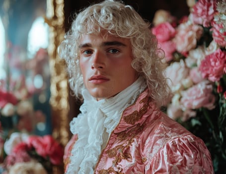 A man in a historical costume surrounded by flowers photo