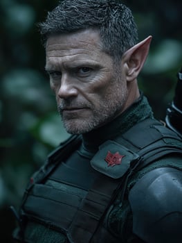 An elf soldier with a stern expression stands ready for battle photo