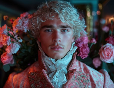 A man in historical attire surrounded by flowers photo