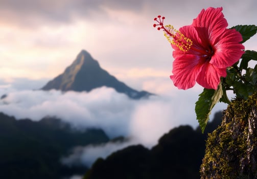 Hibiscus flower with a mountain landscape in the background photo