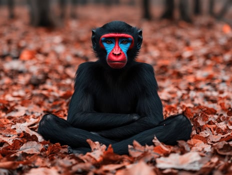 A colorful monkey sitting cross legged in a forest photo