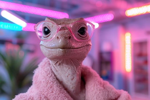 Lizard wearing pink glasses and a robe in a neon lit room photo
