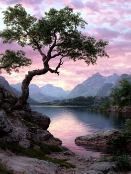 Scenic lake landscape with mountains and a tree at sunset photo