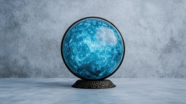 A mystical crystal ball with a blue glow resting on a table photo