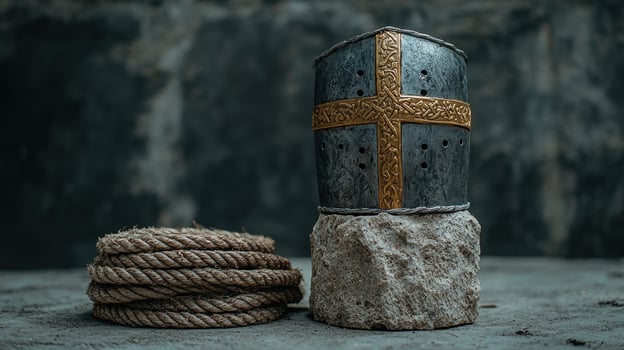 A crusader helmet sits on a rock next to a coil of rope photo