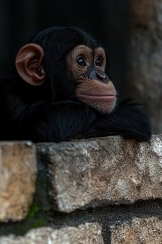 Thoughtful young chimpanzee resting on a stone wall photo