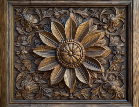 Detailed wood carving of a flower with leaves and intricate details photo