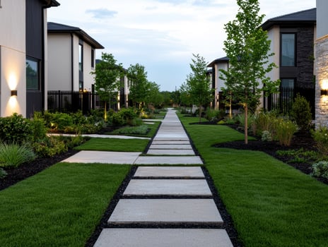 Modern houses with landscaped walkway and trees photo