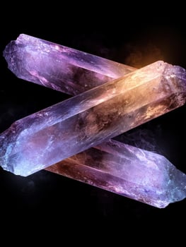 Three crystals of amethyst and citrine are arranged in a Z shape photo