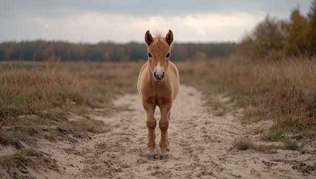 A cute miniature horse foal standing in a field photo