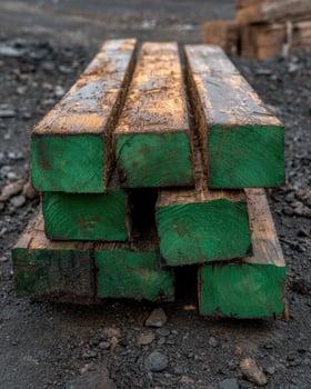 Stack of pressure treated lumber with green ends photo