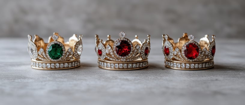 Three ornate crowns with gemstones and diamonds photo