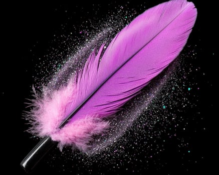 A vibrant purple feather surrounded by glitter on a black background photo