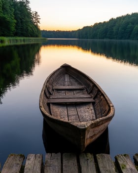 An old wooden rowboat sits on a calm lake at sunset photo
