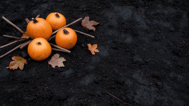 Pumpkins with autumn leaves on dark soil photo