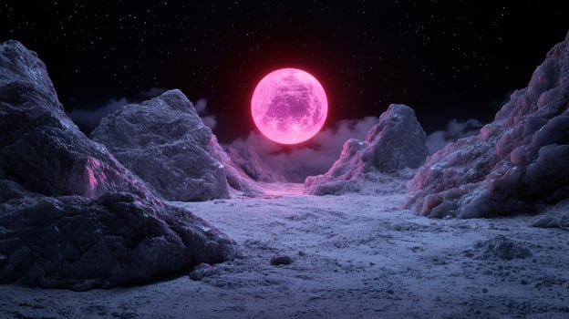 Pink moon over an alien landscape photo