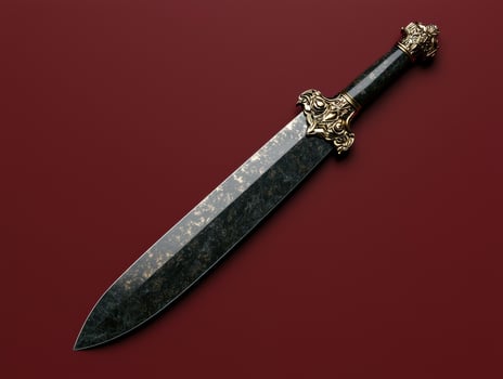 A decorative sword with a golden hilt on a red background photo