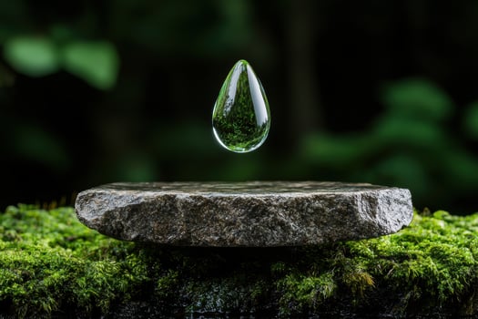 Water drop falling on a rock covered in moss photo