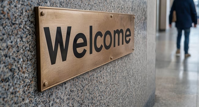 A welcome sign hangs on a wall in a building photo