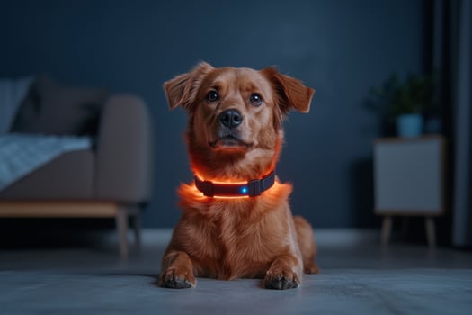 A dog with a glowing collar lies down in a living room photo