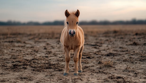 A young horse stands in a field photo