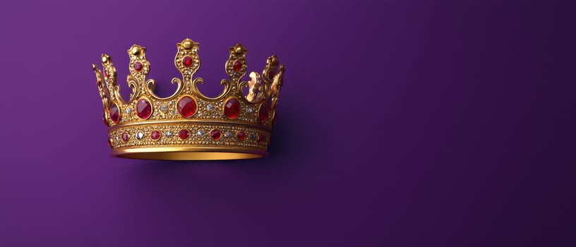 A golden crown with red jewels on a purple background photo