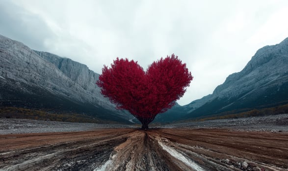 Heart shaped tree in a mountain landscape photo