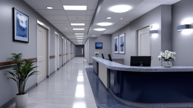 A hospital hallway with a reception desk and a potted plant photo