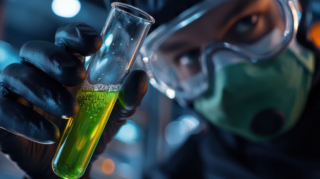A person in a gas mask holding a test tube with green liquid photo