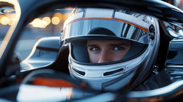 A man is driving a race car and wearing a helmet photo