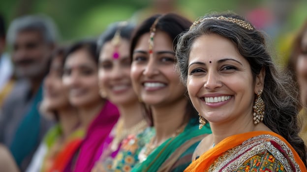 A group of women are smiling and wearing colorful clothing photo