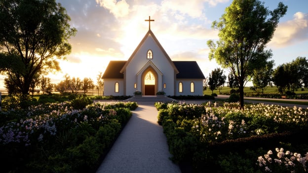 A church with a beautiful sunset in the background photo