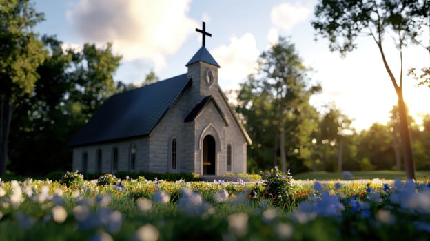 A church is surrounded by flowers in the grass photo