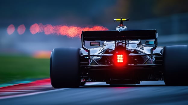 A racing car driving down a track at night photo