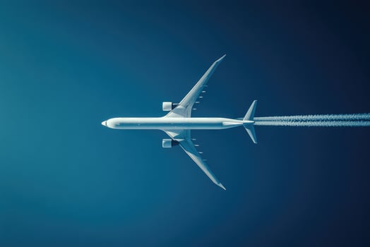 Airplane soaring high with vapor trail in blue sky photo