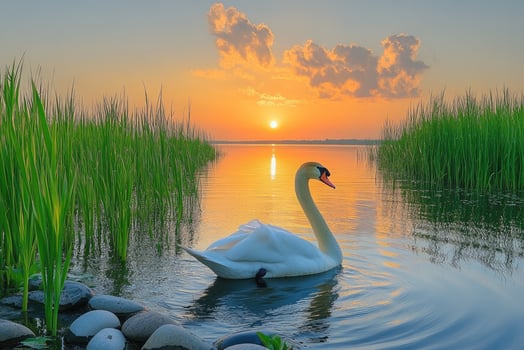 Graceful swan gliding on tranquil lake at sunset. photo