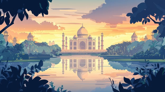 A beautiful painting of the Taj Mahal with a river in the background photo