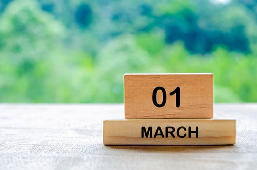 1 March calendar on wooden table with customizable space for text, ideas or messages. Calendar and copy space concept photo
