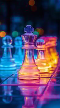 Colorful glowing chess pieces create a vibrant atmosphere at night in an urban setting. photo
