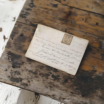 An old letter sits on top of a wooden table photo