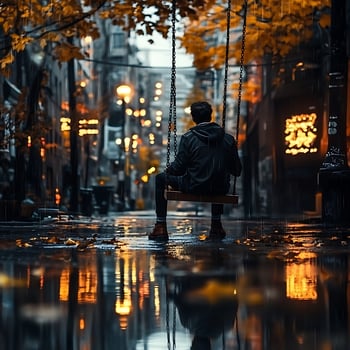 A man sitting on a swing in the rain photo