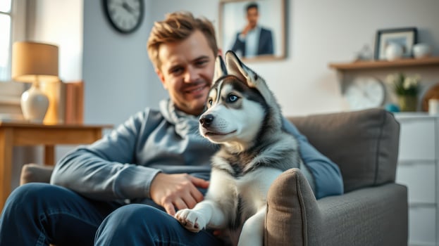 Man enjoys quality time with his playful husky in a cozy living room setting photo