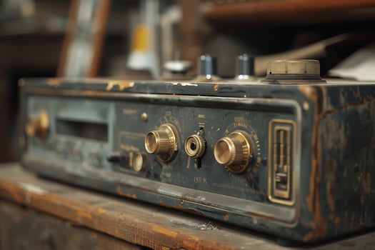 A vintage radio sitting on a table photo