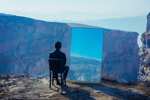 A man sitting in a chair looking at a mirror photo