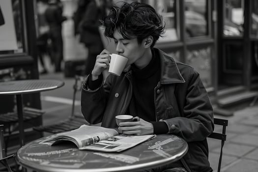 A man sitting at a table with a cup of coffee photo