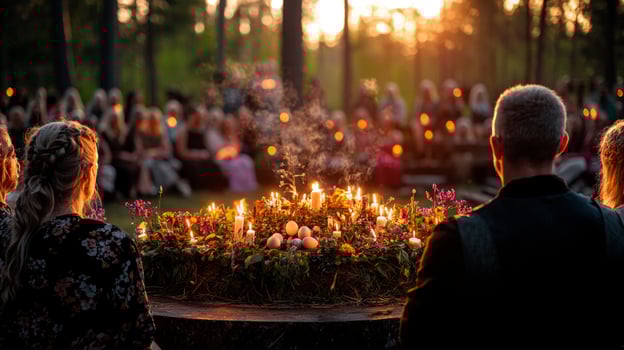 In tranquil outdoor setting circle of pagans is gathered around earth altar adorned spring symbols. Candles flicker and incense rises in gentle breeze during serene celebration photo