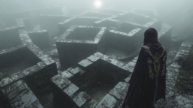 person in deep purple velvet coat walks through foggy labyrinth of towering black stone walls torn between curiosity and fear as distant light beckons photo