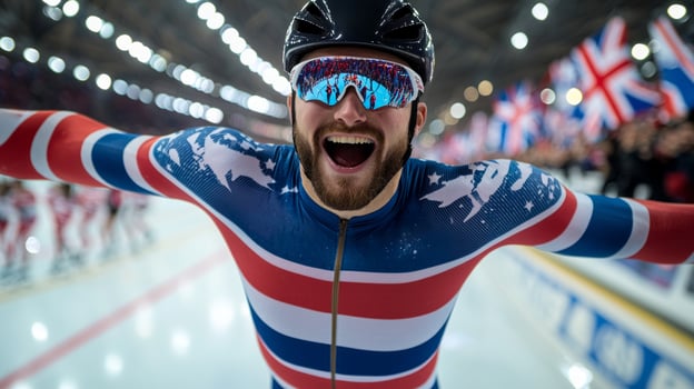 After hard fought race group of speed skaters erupts in joy as they raise their arms in triumph surrounded cheering fans and waving flags in vibrant ice rink atmosphere photo
