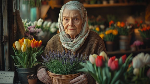 In cozy flower shop elderly grandmother silver hair tucked floral headscarf arranges beautiful bouquet bright tulips and fragrant lavender photo