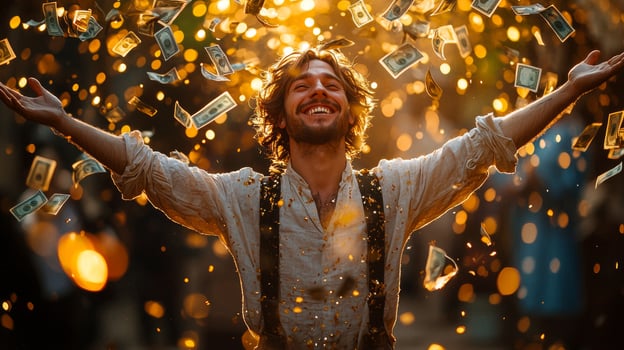 In vibrant autumn park joyful man opens his arms wide surrounded golden leaves and falling banknotes. Sunlight filters through trees casting warm glow of prosperity photo